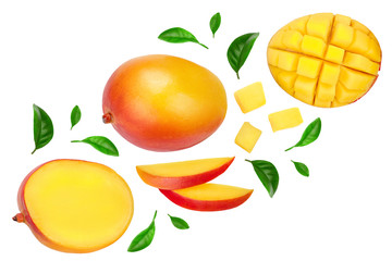 Mango fruit and half with slices isolated on white background with copy space for your text. Top view. Flat lay