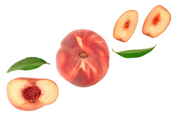 Ripe chinese flat peach fruit and half with leaf isolated on white background with copy space for...