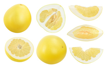 pomelo and slice isolated on white background. Top view. Flat lay. Set or collection