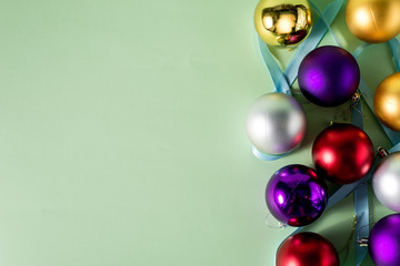  Festive Christmas or New Year background. Christmas multi-colored red blue silver and gold balls. Holiday background