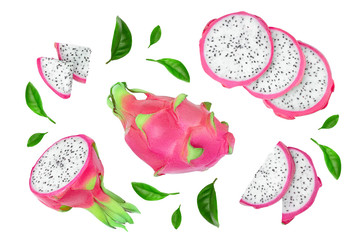 Dragon fruit, Pitaya or Pitahaya isolated on white background. Top view. Flat lay