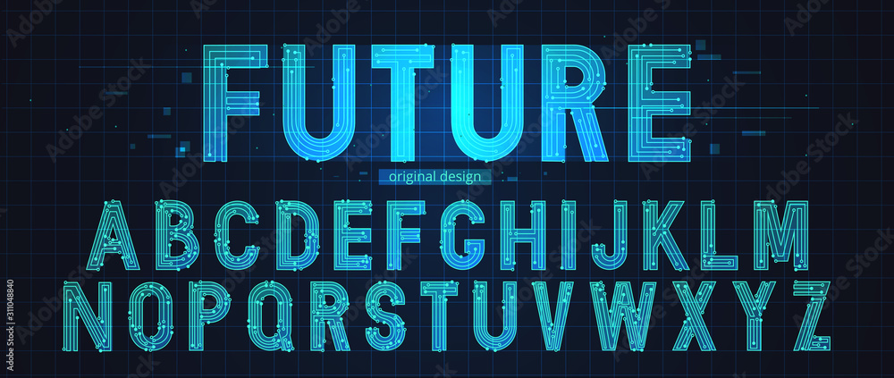 Poster technology simple type tech design. vector typeset alphabet. future typeface set. geometric modern f