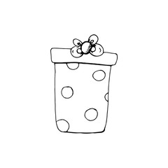 Gift in a box. Vector. Doodle Isolated on a white background. Can be used for decoration of congratulations, cards, invitations. Suitable for t-shirts, mugs, gifts.
