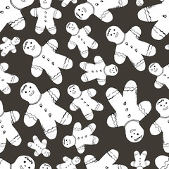 Seamless pattern. Gingerbread men on a gray background. Doodle style. Vector. Decor element for wallpaper, fabric, covers, wrapping paper.