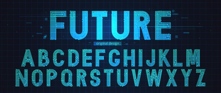 Technology simple type tech design. Vector typeset alphabet. Future typeface set. Geometric modern font. Futuristic style.