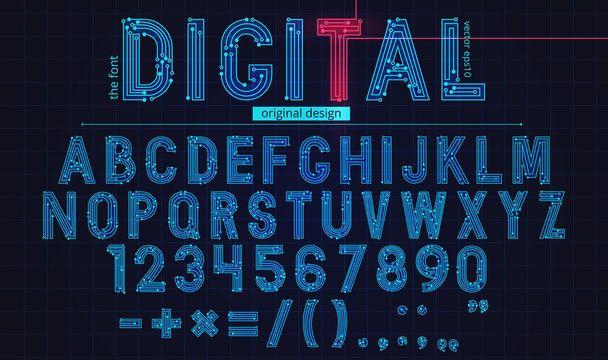 Technology simple type tech design. Vector typeset alphabet. Future typeface set. Geometric modern font. Futuristic style.