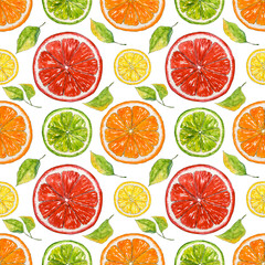 Seamless pattern with citrus. Hand drawn vegetarian food. Oranges, lemons, limes, mandarins, grapefruits. Watercolor Illustration. Print for textile. Paint  texture. Background, ornament, wallpaper