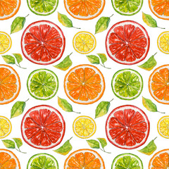 Seamless pattern with citrus. Hand drawn vegetarian food. Oranges, lemons, limes, mandarins, grapefruits. Watercolor Illustration. Print for textile. Paint  texture. Background, ornament, wallpaper