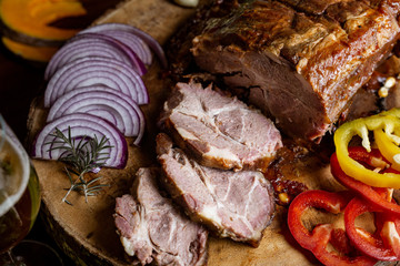 grilled steak with sauce and vegetables