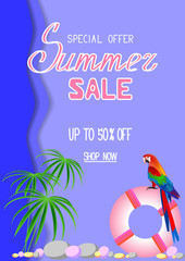 Summer sale banner template. Up to 50 percent. Summer tropical background with palm leaves. Vector illustration design for social media banner, poster, advertisement, flyer, poster, brochure.