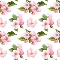 Watercolor seamless pattern of cherry flowers and leaves. Floral repeating pattern with hand drawn apple blossom branch.