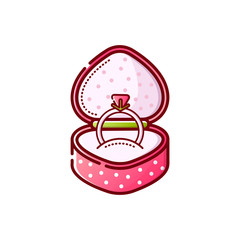 Vector icon of a pink box with an engagement ring and a heart-shaped diamond. A gift for Valentine's Day, birthday, wedding proposals. An isolated object on a white background. Linear style