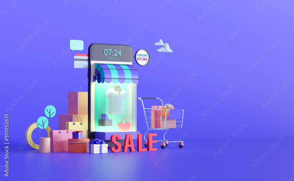 Poster shopping on-line. online store on website or mobile application. 3d rendering background. digital ma