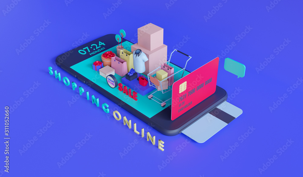 Poster shopping on-line. online store on website or mobile application. 3d rendering background. digital ma
