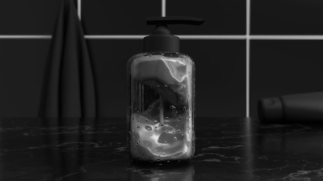 3d design of cosmetic bottle with dispenser in the bathroom. Cgi of weightless/antigravity cosmetic product inside of the plastic/glass container. Beauty black style trend for soap or antiseptic gel.