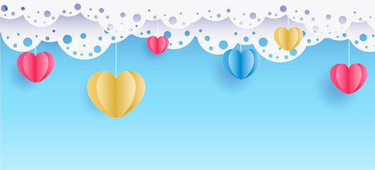 Valentine's Day. Vector sweet and cute blue background with paper cut color hearts with clouds and lace. Banner and card for site and cards. Wedding and love