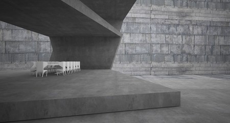 Abstract architectural concrete interior of a minimalist house with swimming pool. 3D illustration and rendering.