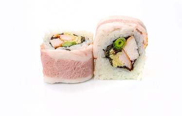 traditional fresh japanese sushi rolls on a white background