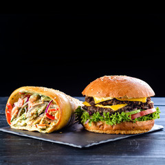 set of fast food meal with burger on the table