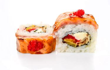 traditional fresh japanese sushi rolls on a white background