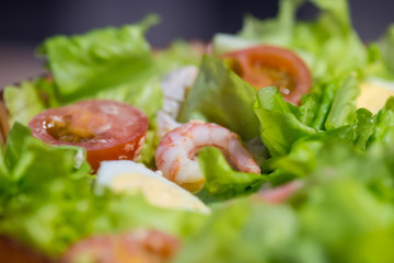 Tomatoes, shrimps, eggs and green salad. Closeup