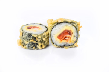 traditional fresh japanese sushi rolls on a white background