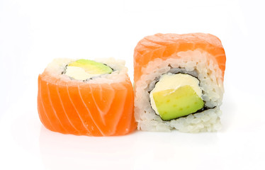 traditional fresh japanese sushi rolls on a white background