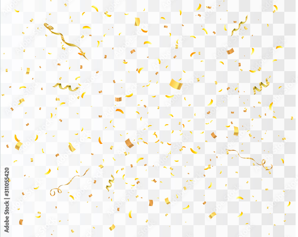 Canvas Prints Confetti burst explosion isolated. Gold flying ribbons, streamers and paper particles. Birthday party background. Festive vector illustration