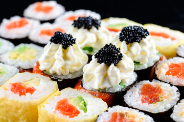 closeup sushi with black caviar