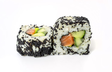 traditional fresh japanese sushi rolls on a white background