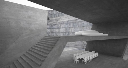 Abstract architectural concrete interior of a minimalist house with swimming pool. 3D illustration and rendering.