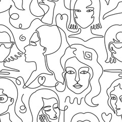 One line face pattern. Trendy woman face seamless texture with abstract line shapes, minimal girl face. Vector stylized design pattern, black sketch drawing portrait faces glamour girl