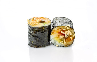 traditional fresh japanese sushi rolls on a white background