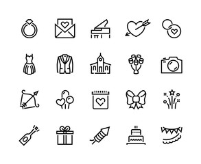 Wedding line icons. Marriage ceremony and honeymoon symbols with cake bouquet bride and groom. Vector wedding set web icon happiness couple valentines day