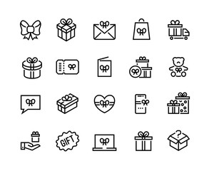 Gift line icons. Discount offer, bonus reward and special customer program, seasonal gift and lottery win. Vector gift boxes for present surprise set