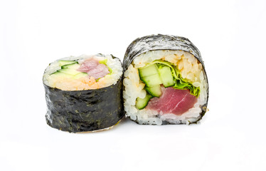 traditional fresh japanese sushi rolls on a white background