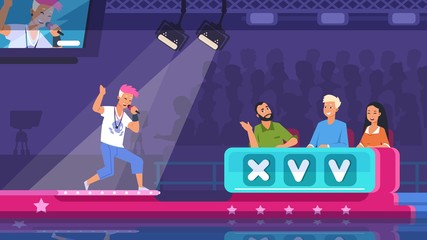 TV talent show. Cartoon song contest with lighted stage, performer and jury celebrities. Vector illustration television competition scene with guy sings popular composition in podium