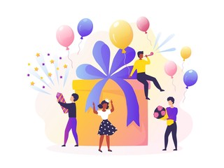 Birthday party. Happy cartoon adult characters celebrating with balloons, birthday present, fireworks and whistles. Vector birthday beautiful decoration concept for pretty company smile friends