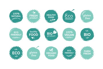 Eco food label. Fresh and healthy food quality stickers, vegan product and natural farming food badges. Vector illustration organic logo set, ecology green image for health stamp