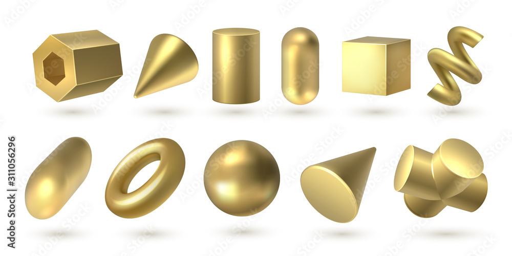 Poster golden geometric shapes. realistic 3d metal elements isolated on white, abstract figures for poster 