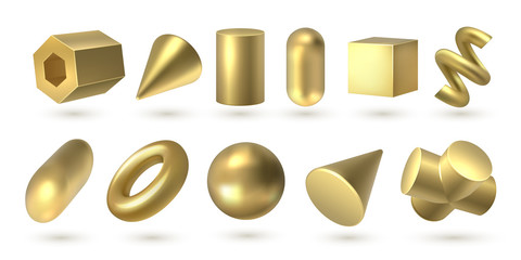 Golden geometric shapes. Realistic 3D metal elements isolated on white, abstract figures for poster design. Vector isometric set modern decoration golden isolated objects