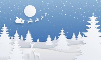 Paper cut winter landscape. Cartoon style paper scene with spruce trees, starry night, deer and Santa Claus. Vector illustrations Christmas background with snowfalls in forest on blue