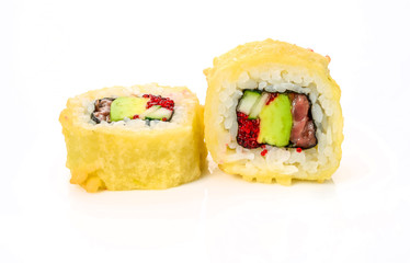 traditional fresh japanese sushi rolls on a white background