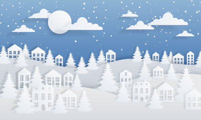 Paper craft winter background. Christmas landscape with cartoon village, starry night and spruce trees. Vector paper invitation card with night nature scenery for wallpaper and design
