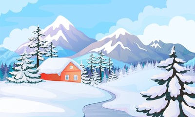 Winter house landscape. Rural scene with snowy mountains, spruce trees and wooden house. Vector winter holiday background on resort in beautiful house on sunny background