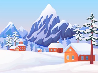 Naklejka premium Winter rural landscape. Nature scene with snowy mountain peaks, wooden houses and spruce trees. Vector illustrations winter resort background with nature tranquillity panorama village
