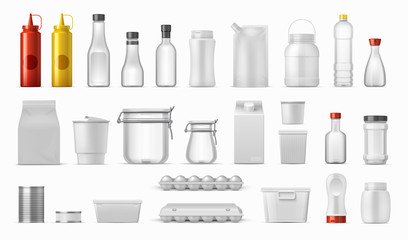 Food packages. Sauce bottles and cereal containers, realistic kitchen boxes, carton plastic and metal packs. Vector isolated empty container and bottle mockups for drink and food on kitchen