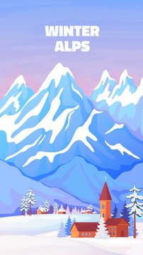 Alps winter poster. Vintage cartoon banner with high snowy peaks of Alps in Austria or Switzerland. Vector view ski resort and hotel homes poster in mountains snow scenery for travel