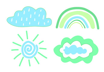 Cloud, rainbow and sun  isolated on white background. Vector stock illustration in Scandinavian style. Cute pastel blue and green poster for kids.
