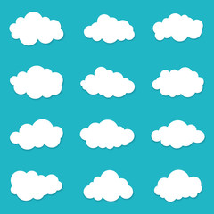 Cartoon cloud of sky on blue background. Graphic heaven in flat style. Set of overcast cloudy. Set icons of cloud bubble shape. Creative clouds form for message. Isolated vector illustration